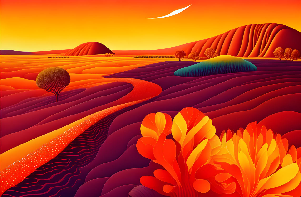 Colorful Landscape with Rolling Hills and Floral Elements