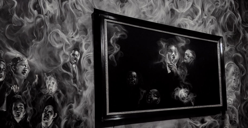 Monochrome artwork of anguished faces merging with smoke-like patterns