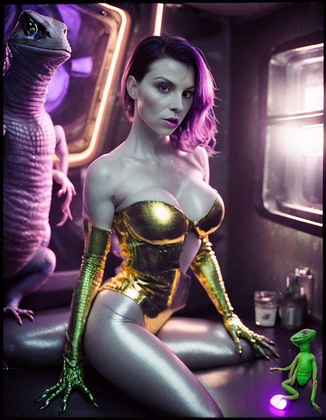 Futuristic gold bodysuit woman with dinosaur figurines in neon setting