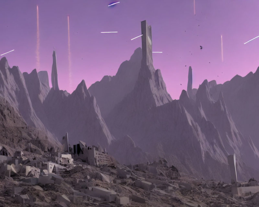 Purple-tinted futuristic landscape with sharp mountains, falling meteorites, ruins, and starry sky