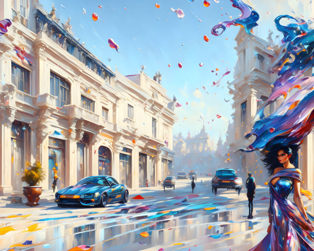 Colorful city street scene with dynamic splashes around a stylish figure