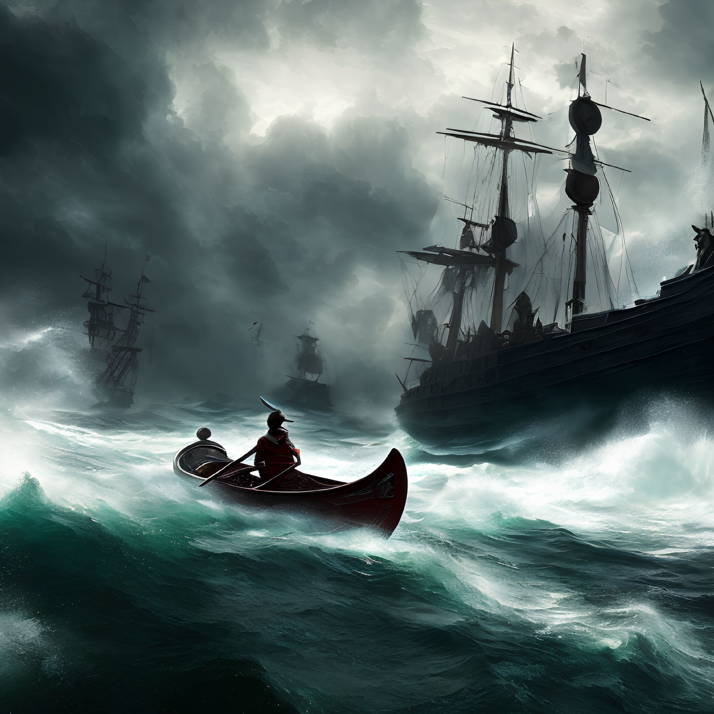 Rowboat with two occupants in stormy seas with tall ships in background