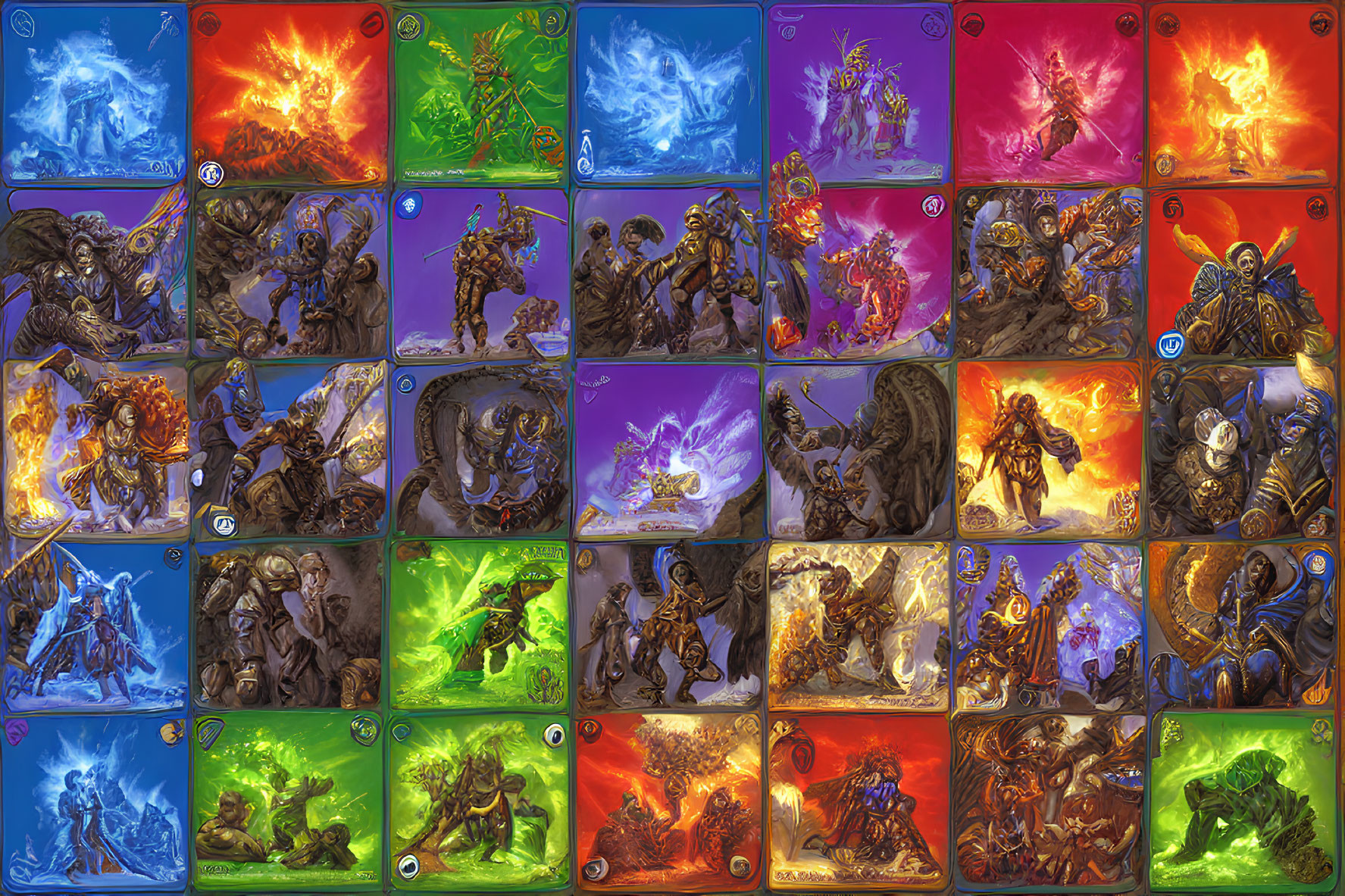 Illustrated Fantasy Creature Cards with Color-Coded Backgrounds