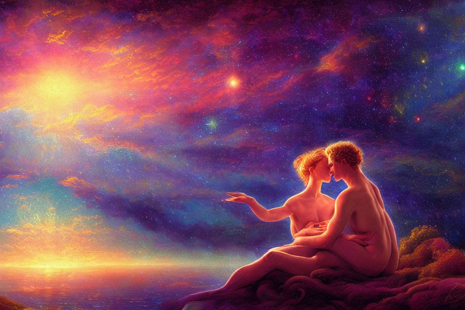 Two People Admiring Vibrant Cosmic Sky