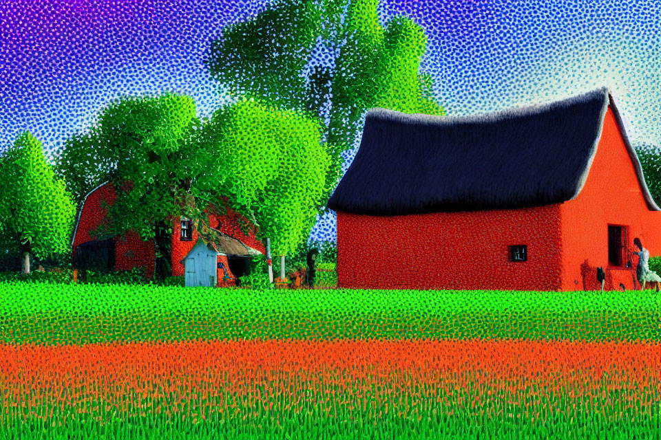 Pixelated red house with thatched roof in green landscape.