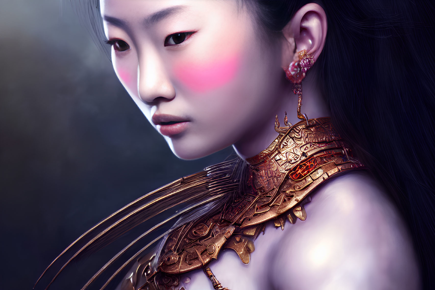 Detailed digital artwork of woman in ornate armor with red cheek makeup and intricate earring against dark background