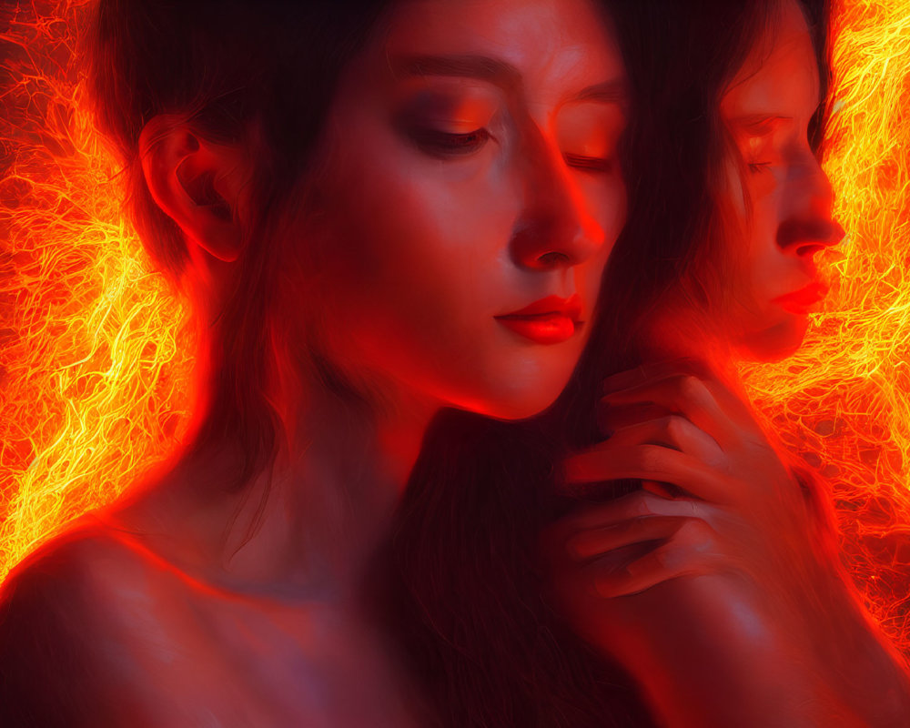 Two women in vibrant red and orange backdrop, one thoughtful, one serene