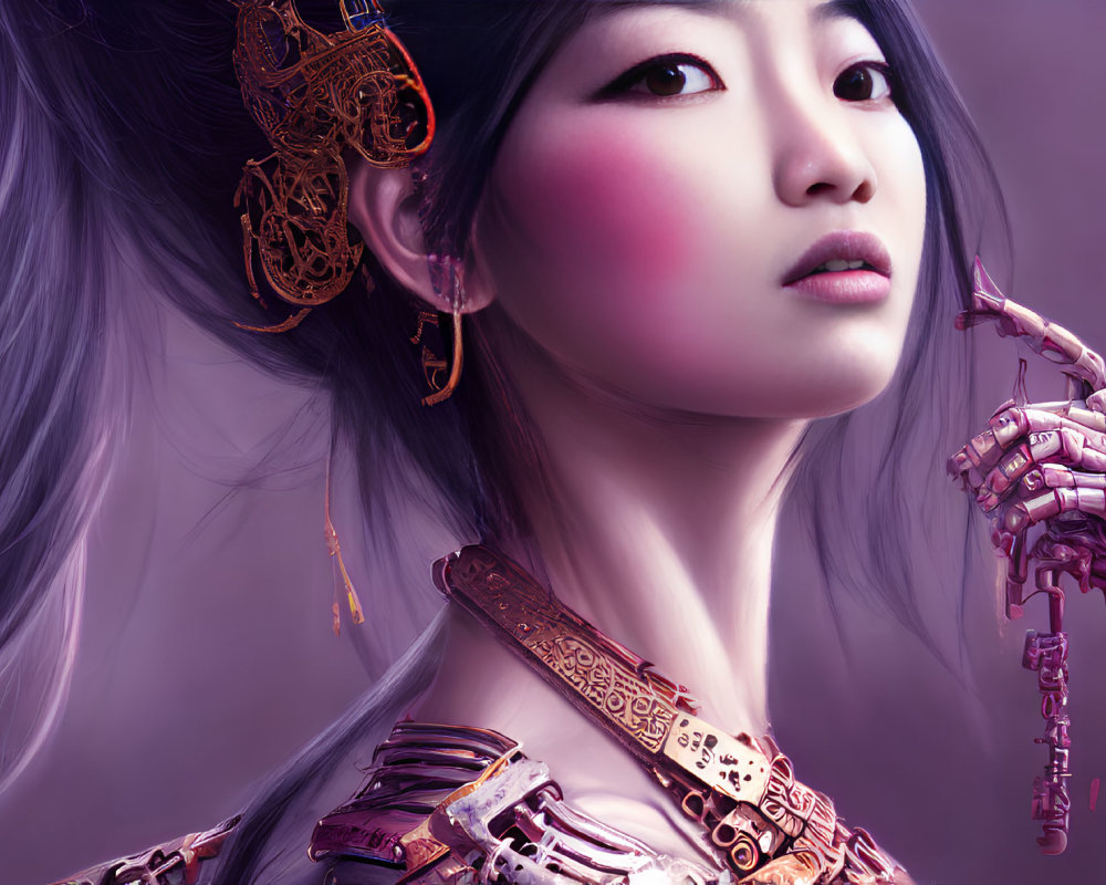 Digital Artwork: Asian Woman with Mechanical Arm and Ornate Armor on Purple Background