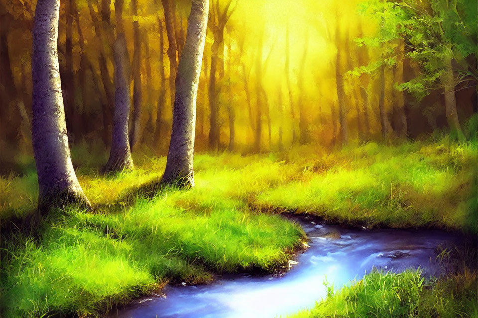 Tranquil forest landscape with sunlight, meadow, and stream