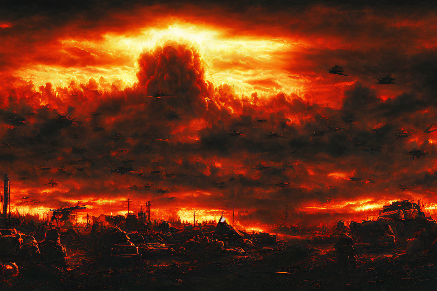 Dystopian scene with fiery sky, mushroom cloud, military aircraft, tanks, and ruins