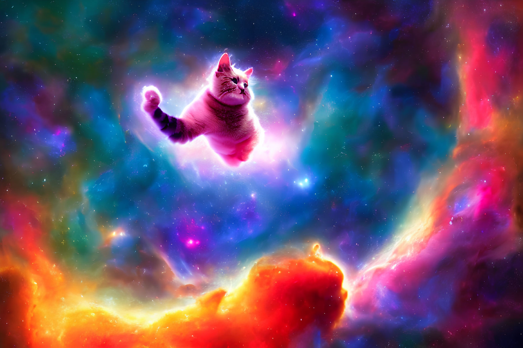 Tabby cat floating in colorful nebula with sparkling stars