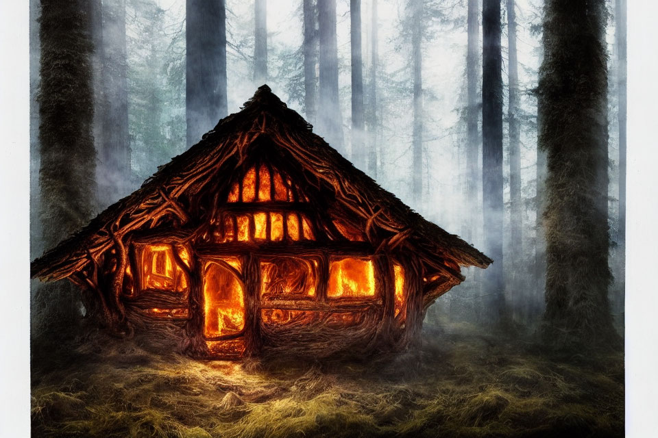 Rustic wooden cabin in misty forest with warm lighting