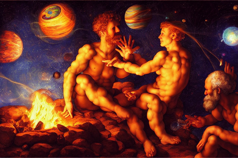 Muscular Men in Mythical Dialogue by Cosmic Fire