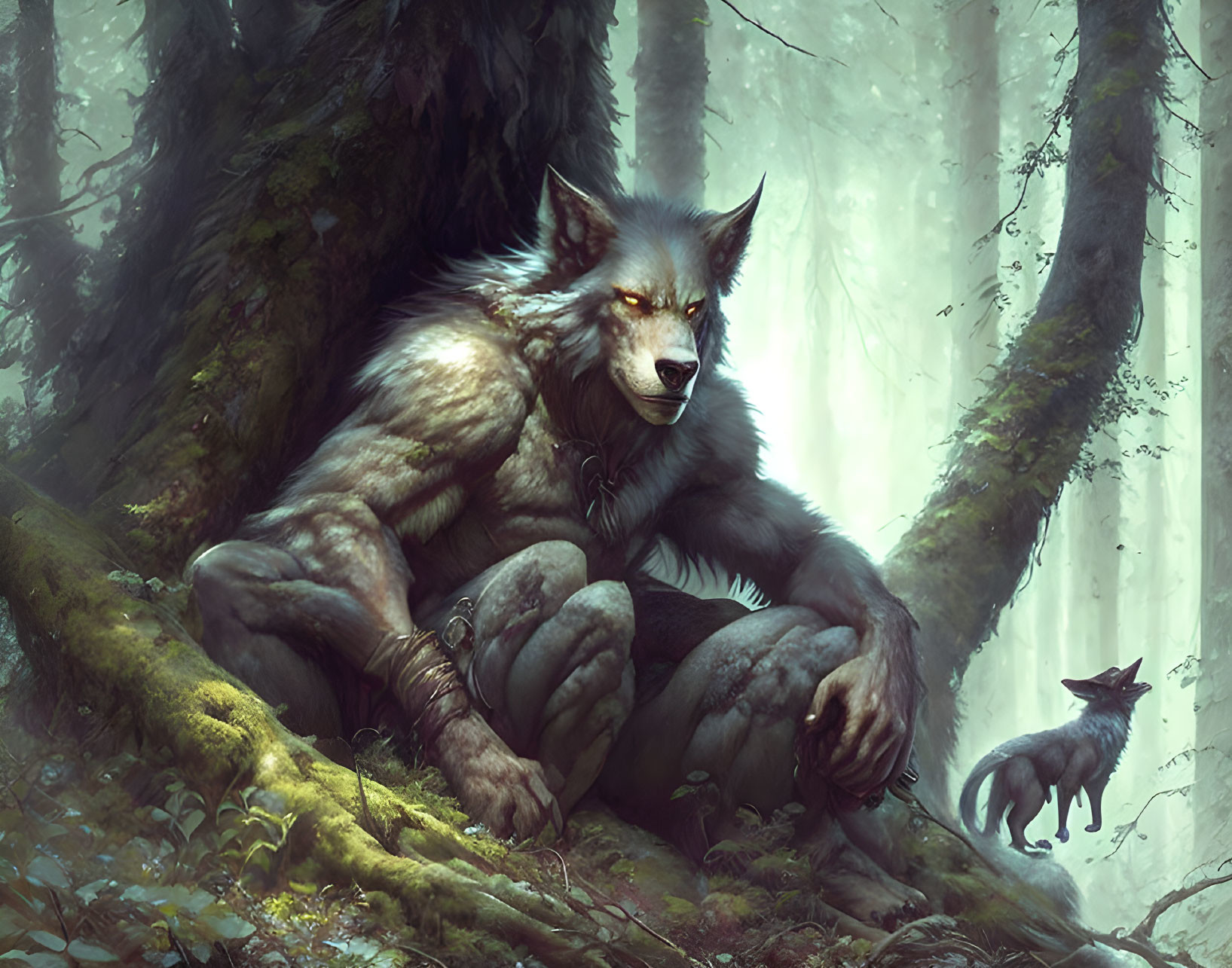 Anthropomorphic wolf warrior and companion in foggy forest