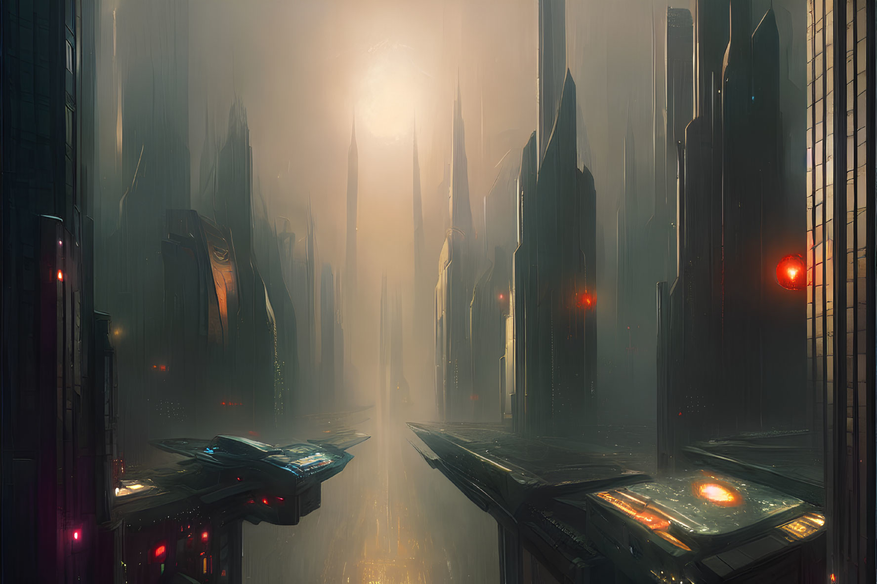 Futuristic cityscape with skyscrapers, lights, and flying vehicles