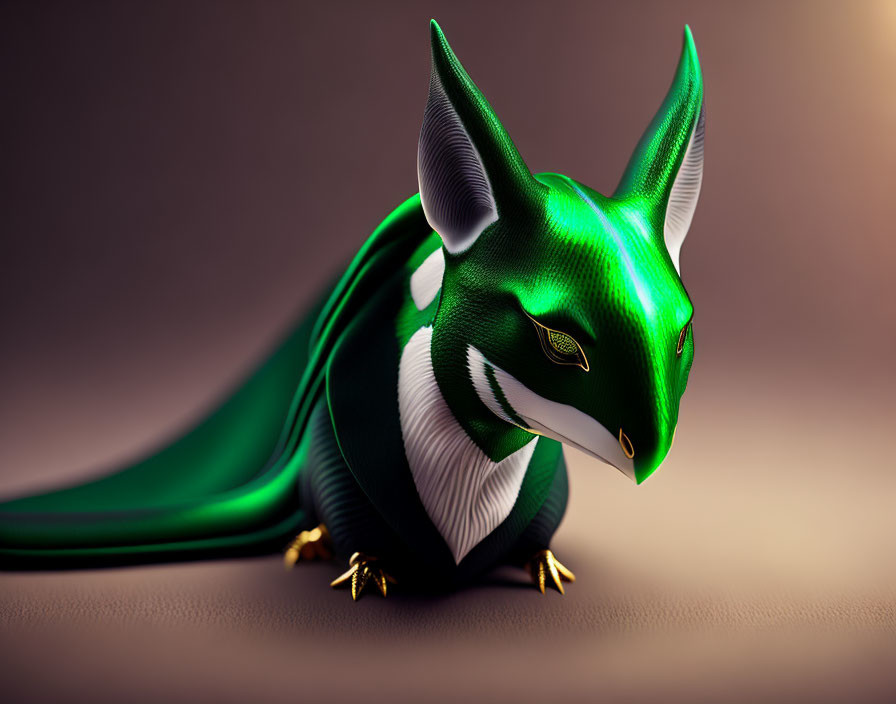 Stylized green and white dragon creature on brown background