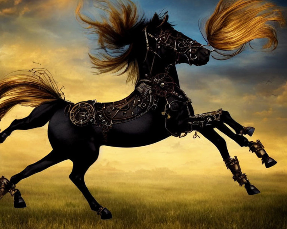 Majestic black horse galloping in grassy field at sunset