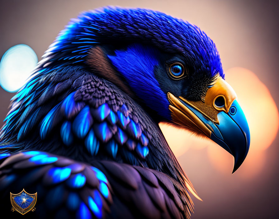 Vibrant blue and black bird with golden beak and detailed feathers on soft-focus background