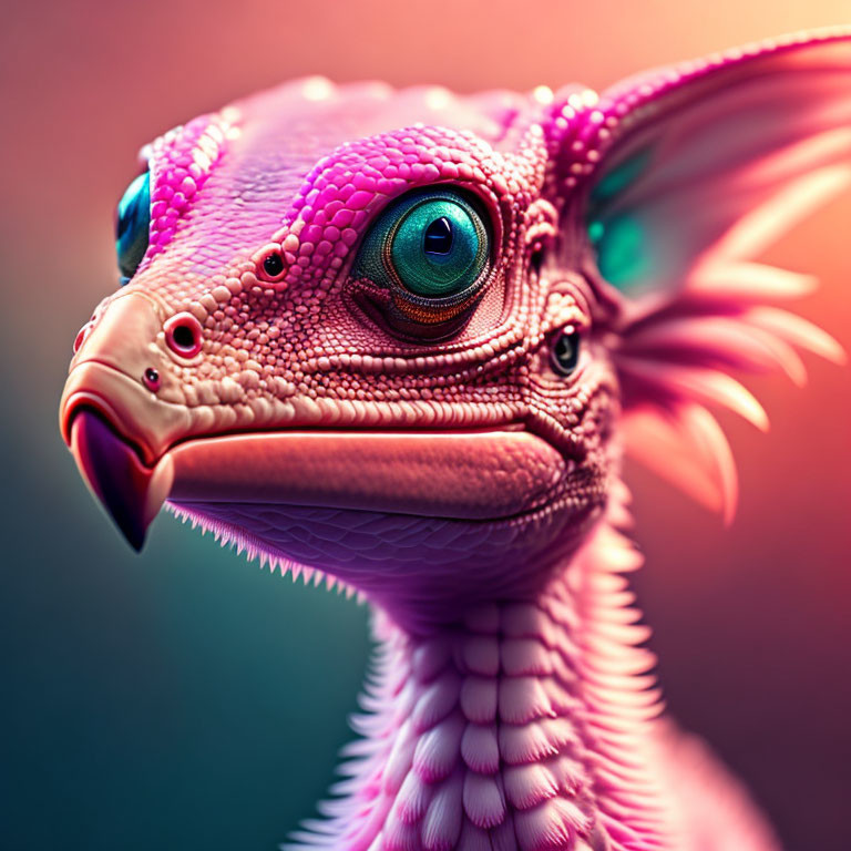 Fantastical dragon-like creature with pink skin and green eyes