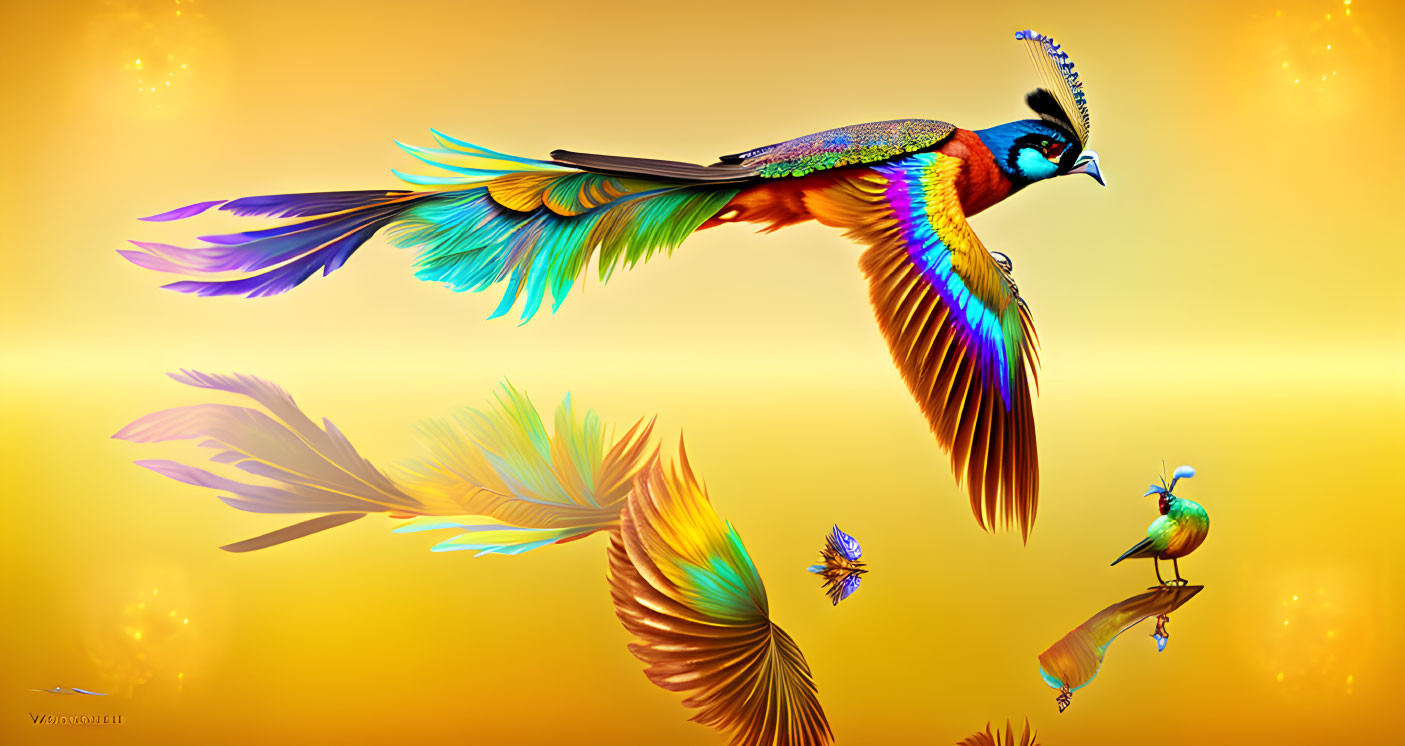 Colorful Peacock Artwork: Digital depiction of two peacocks in flight and perched,