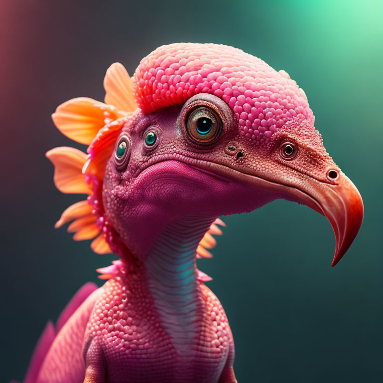 Colorful dinosaur-like creature with pink skin, green eyes, and orange neck petals