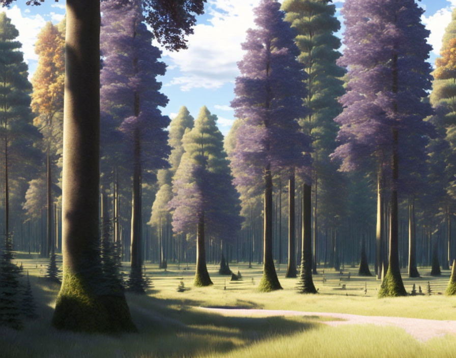 Tranquil forest scene with tall trees and purple foliage under warm sunlight