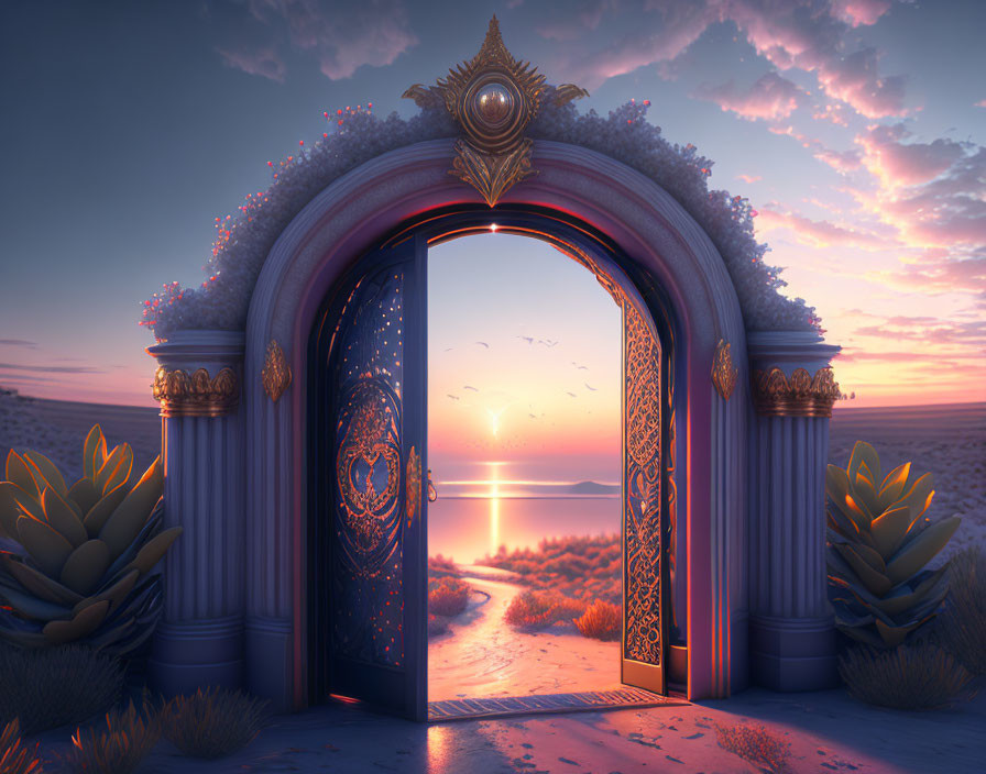 Ornate open archway framing serene beach at sunset