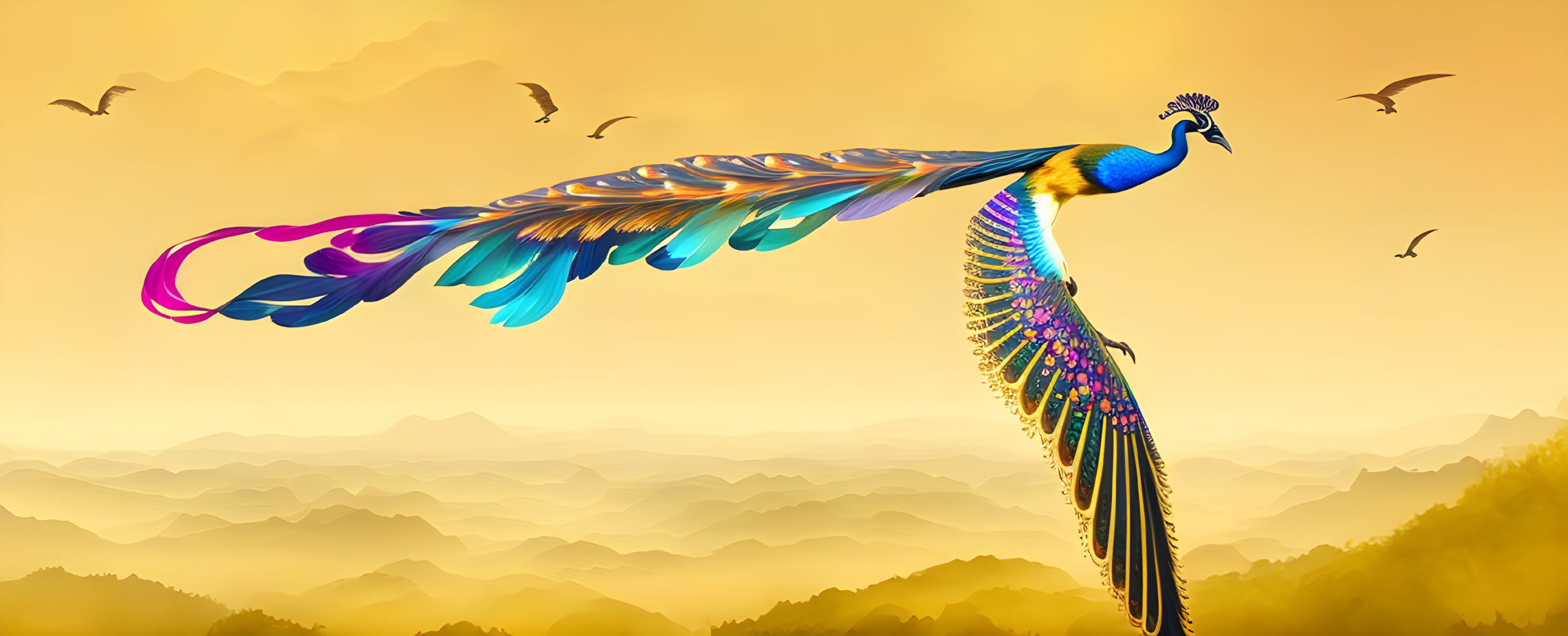 Colorful Peacock Digital Art Against Mountainous Backdrop