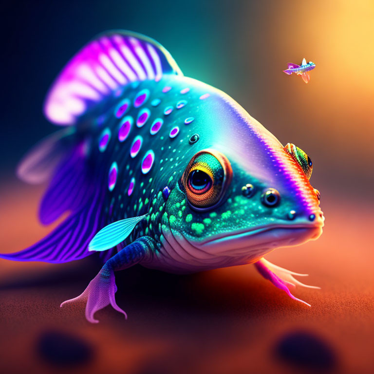 Colorful fantastical creature with fish-like features gazes at tiny airborne being on warm gradient background