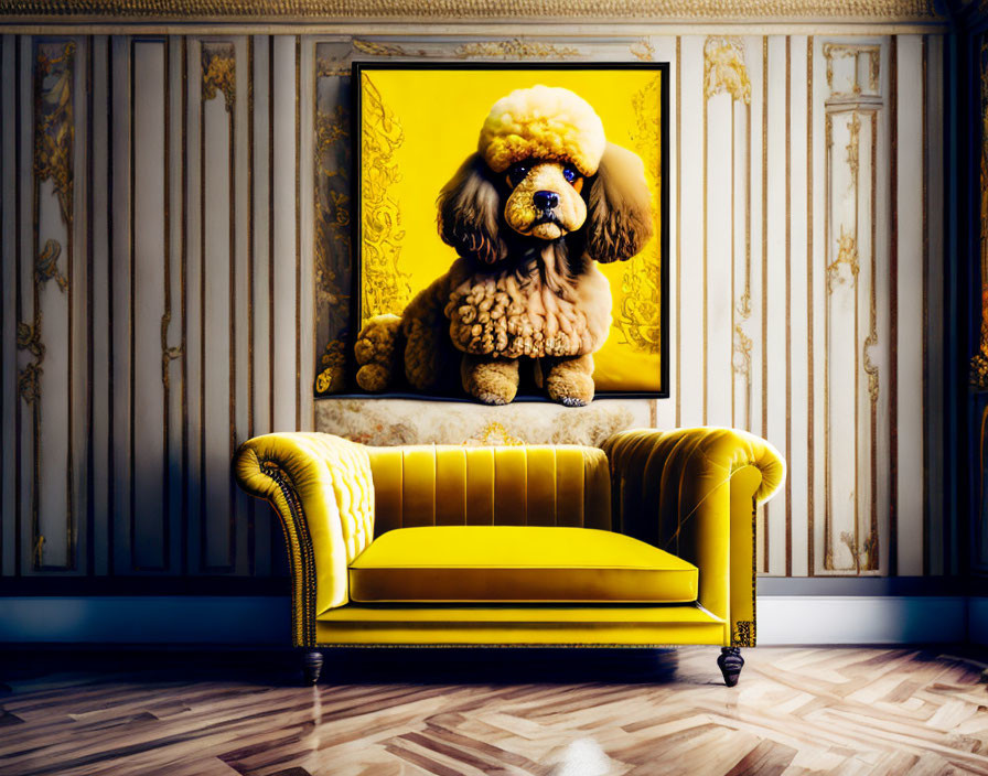 Yellow Tufted Sofa and Poodle Painting in Vibrant Room