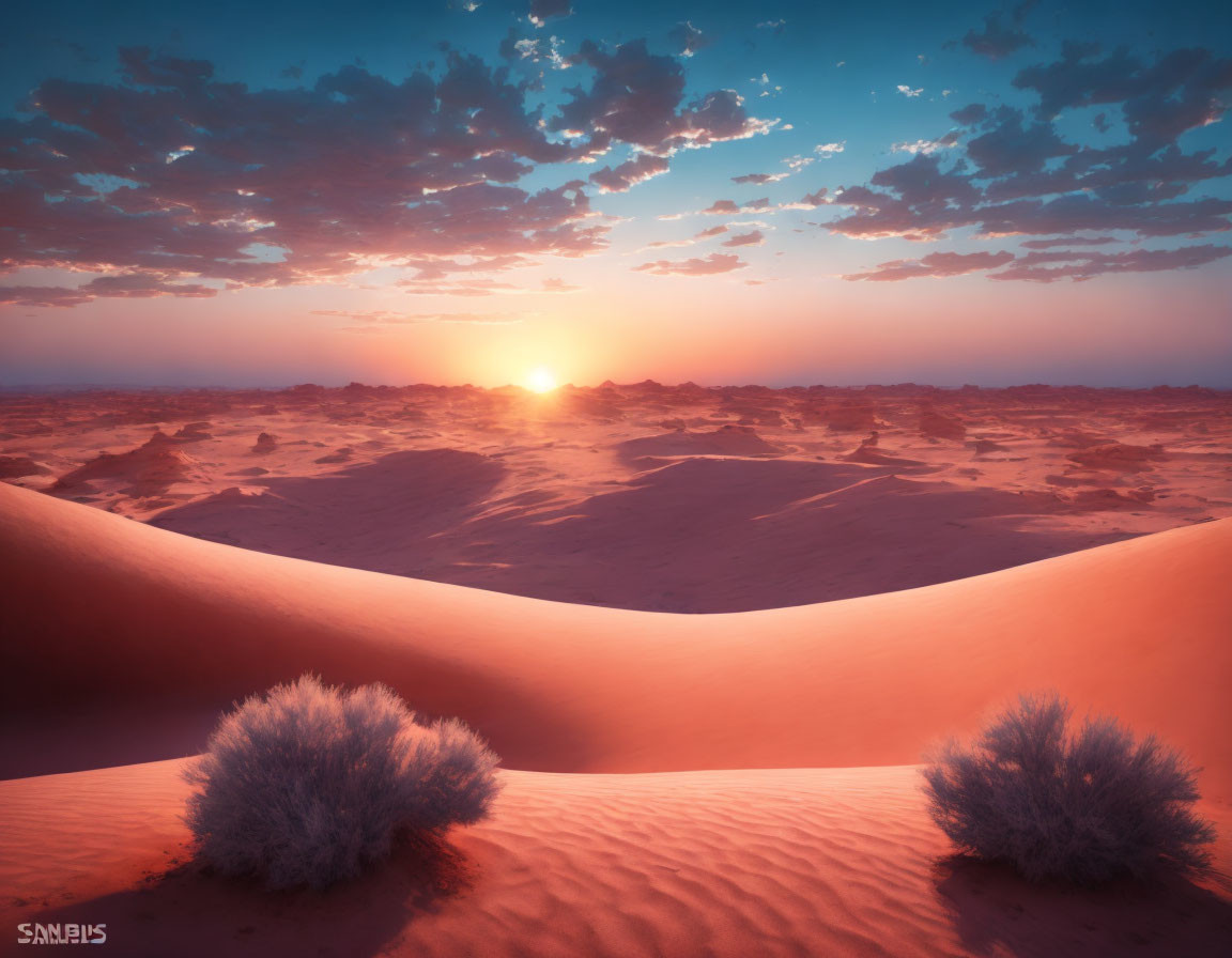 Tranquil desert sunset with rolling sand dunes