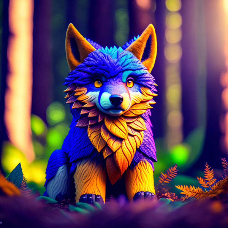 Vivid Blue and Yellow Fox Figurine in Mystical Forest Setting