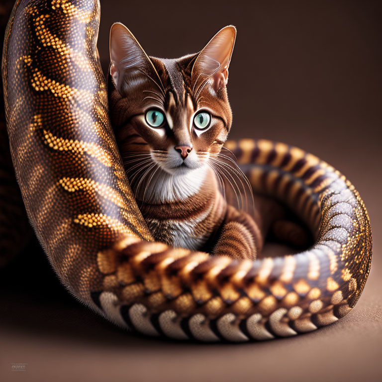 Photorealistic image of feline with green eyes and python wrapping in warm background