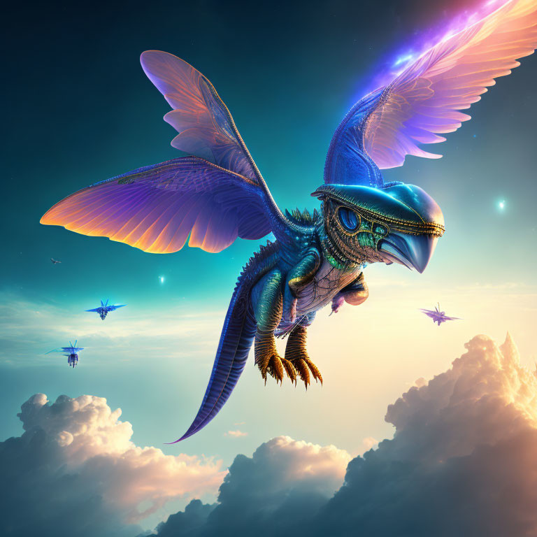 Blue dragon flying with other creatures in sunset sky