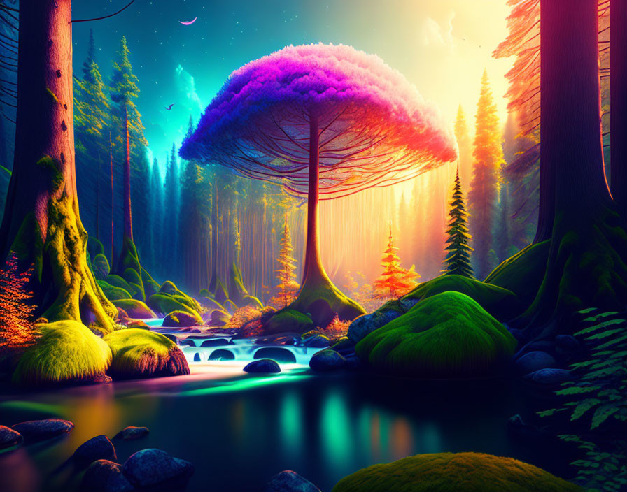 Vibrant fantasy landscape with giant mushroom tree & glowing river