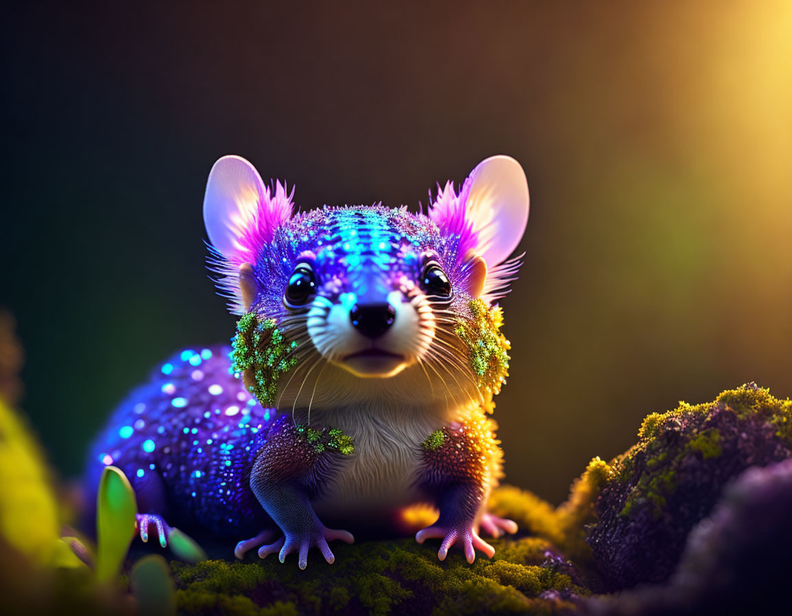 Colorful Mouse-Like Creature with Blue Fur in Magical Forest