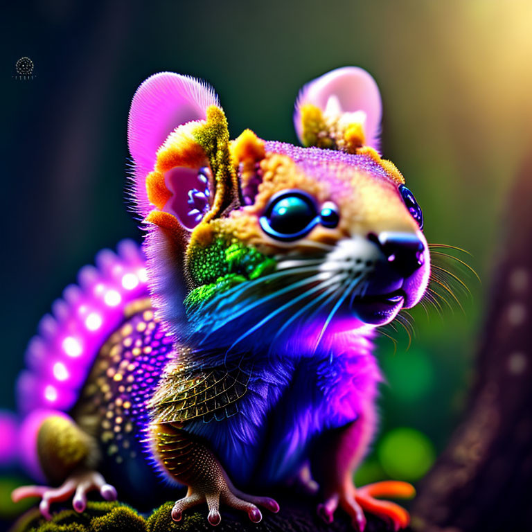 Colorful squirrel-like creature with glossy eyes in magical forest.