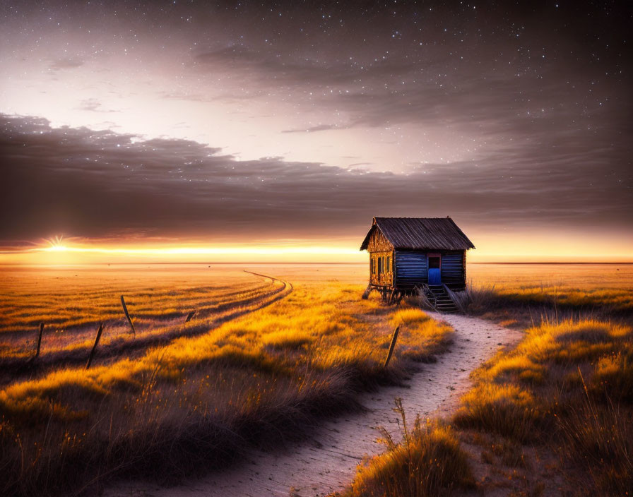 Solitary wooden house on vast prairie with sunset horizon.