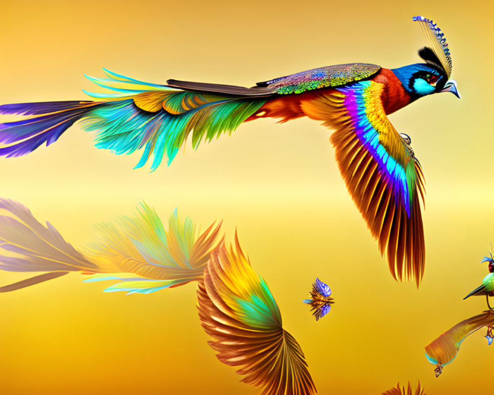 Colorful Peacock Artwork: Digital depiction of two peacocks in flight and perched,