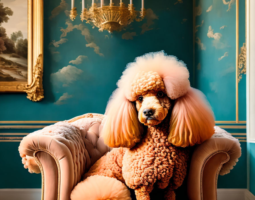 Fluffy poodle with fur cut on pink chair in ornate room