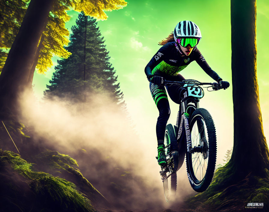 Cyclist in full gear jumps mountain bike in misty forest