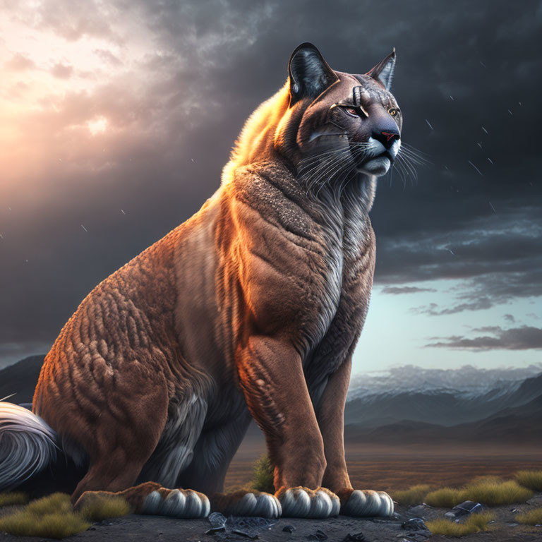 Majestic large feline against dramatic sky and mountains