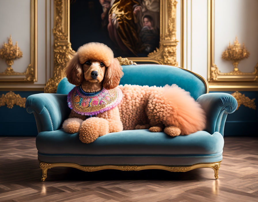 Stylish Poodle with Colorful Neck Accessory on Blue Sofa