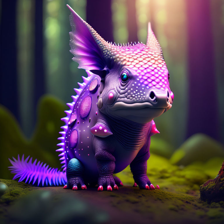 Colorful Baby Dinosaur Creature in Enchanted Forest with Purple Spikes