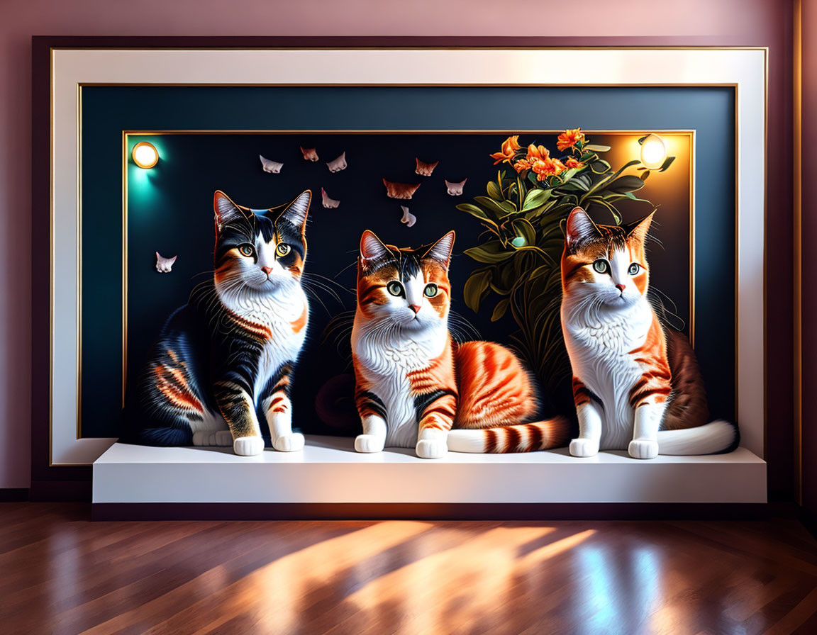 Colorful Cats on Shelf with Flowers and Butterflies Painting in Pink Room