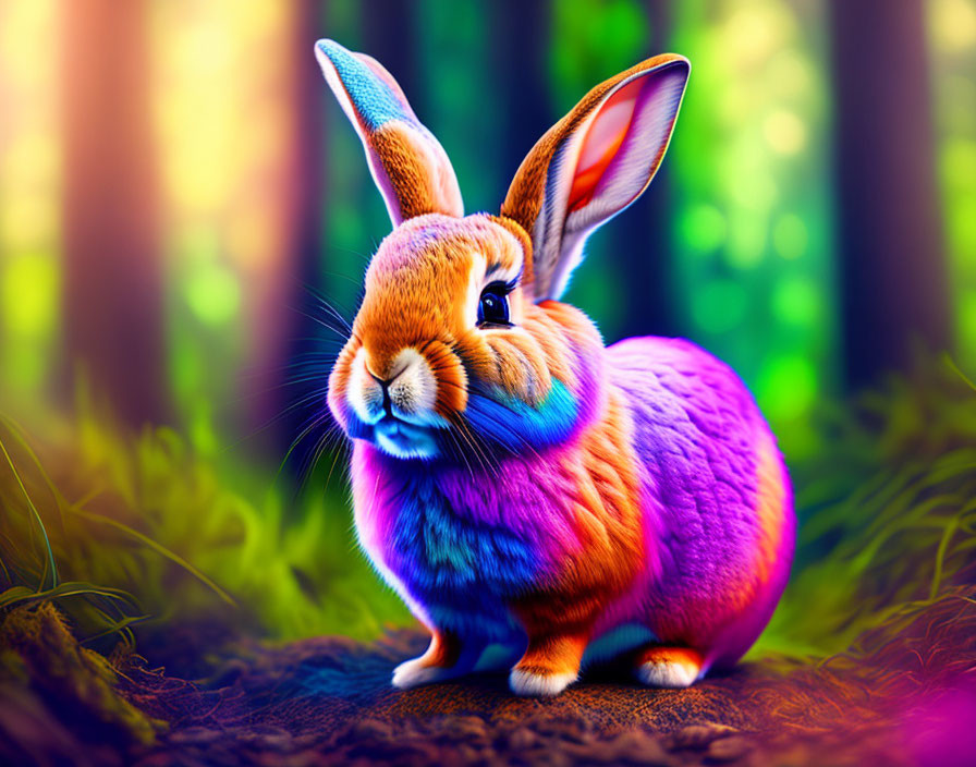 Colorful Rabbit in Magical Forest with Vibrant Fur