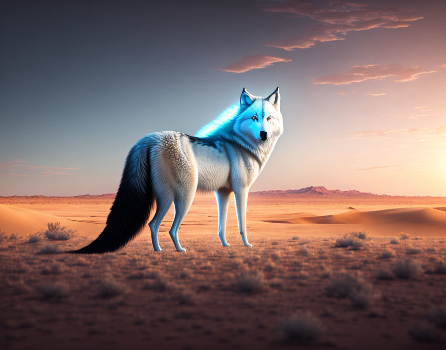 White wolf with blue glowing stripes in desert sunset.