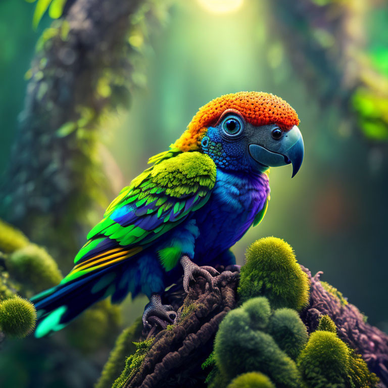 Vibrant parrot in lush forest with sunlight filtering through foliage