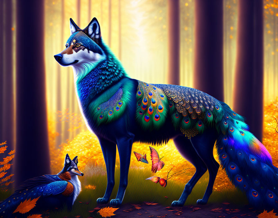 Vibrant fox with peacock-like tail in autumn forest with smaller fox and butterflies