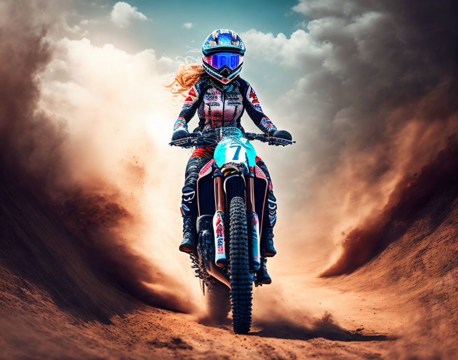Blonde motocross rider in purple helmet on dirt track